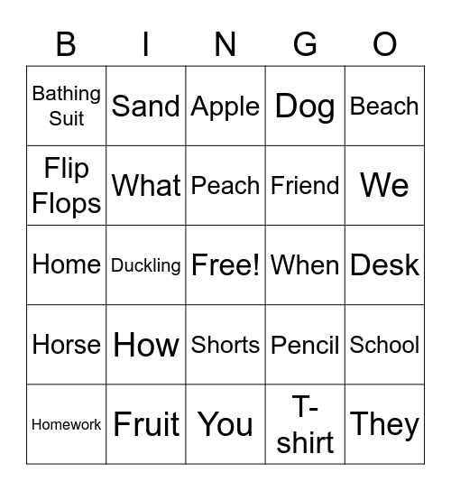 Alyssa's English Bingo Game Bingo Card