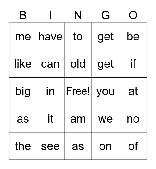 Sight Word Bingo - Elephants Bingo Card