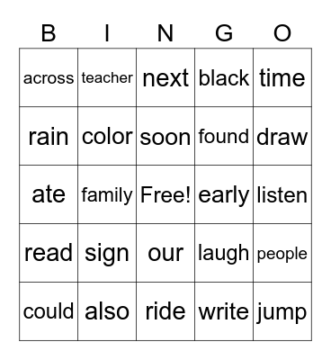Sight Word Bingo - Cheetahs Bingo Card