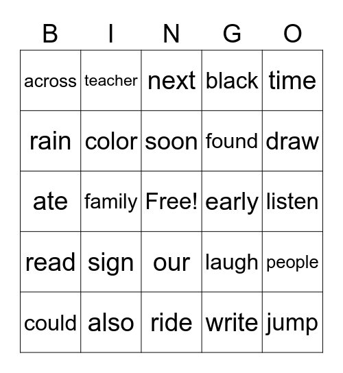 Sight Word Bingo - Cheetahs Bingo Card