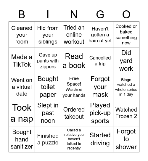 Quarantine Bingo Card