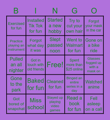 Quarantine Bingo Card