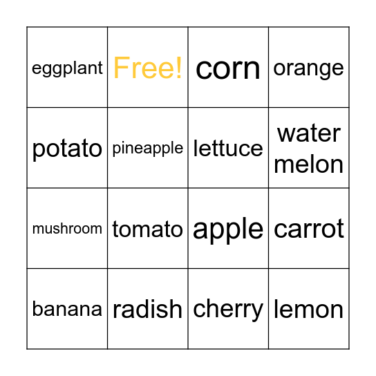 Fruits and Vegetables Bingo Card