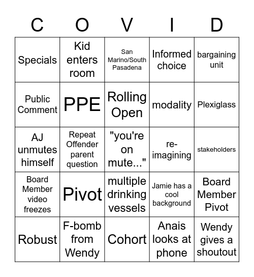 Covid School Choice Bingo Card