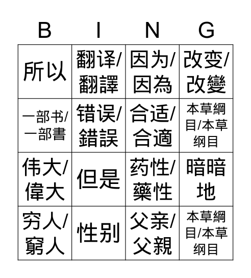 本草綱目/本草纲目 Bingo Card
