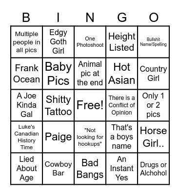 Luke Tinder Bingo Card