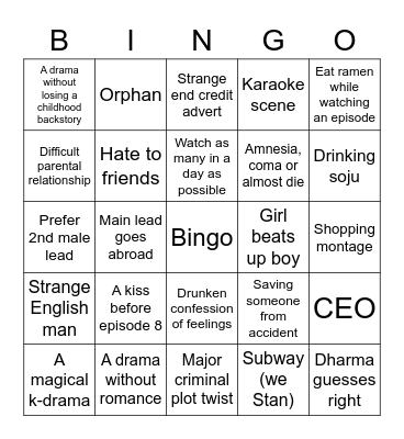 K-drama Bingo Card