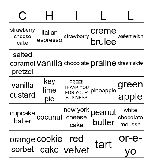 thank you for 'CHILL'ing with us! Bingo Card