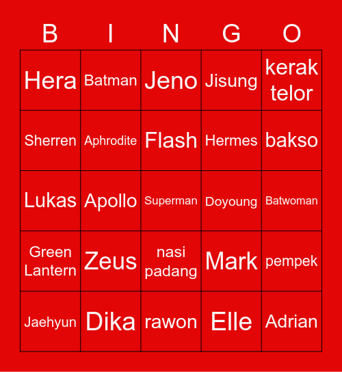 Jarjar Bingo Card