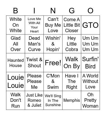 Mid 60's Hits Bingo Card