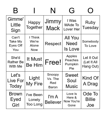 Late 60's Hits Bingo Card