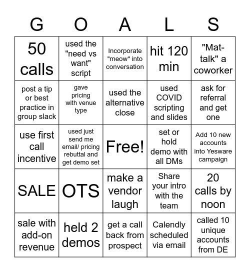 Team GoalDiggers Bingo Card