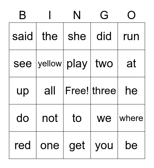 Sight Word Bingo Card
