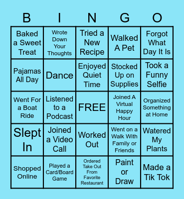 Social Distancing Bingo Card