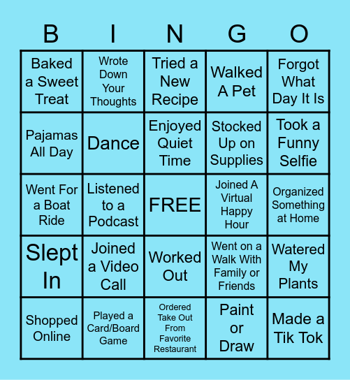 Social Distancing Bingo Card