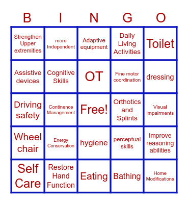 Legacy Occupational Therapy Bingo Card