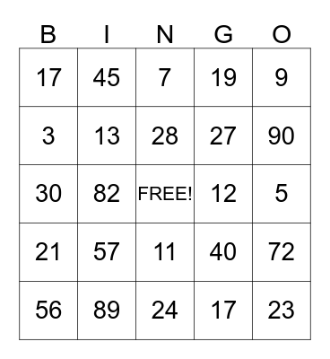 Bingo Friday October 24 Bingo Card