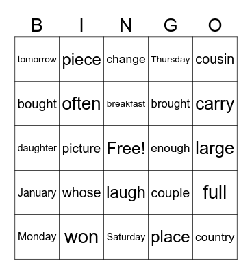 Cooper's Sight Word Bingo Card