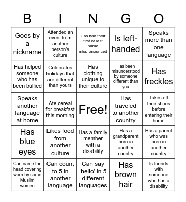 Our Diverse Classroom Bingo Card