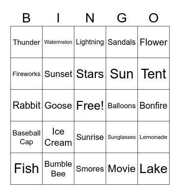 Summer Time Bingo Card