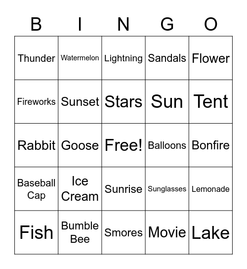 Summer Time Bingo Card