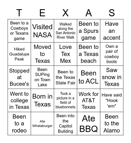 AT&T Texas Bingo Game Bingo Card