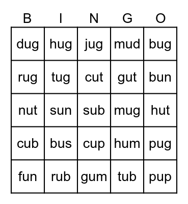 CVC - U Vowels Bingo Card