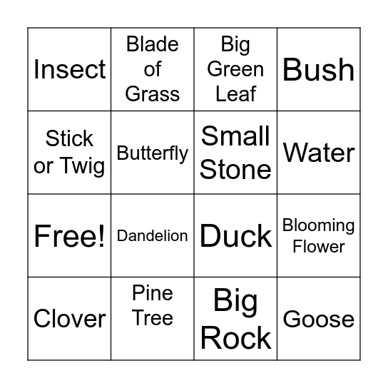 Nature Bingo Card