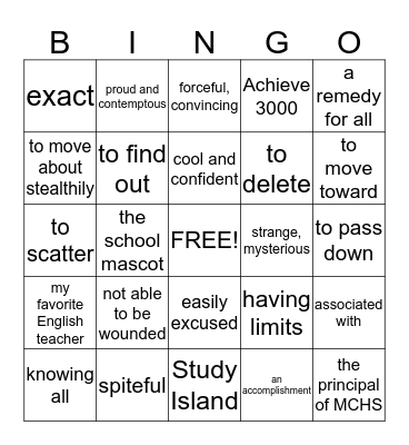 Vocabulary Bingo Card