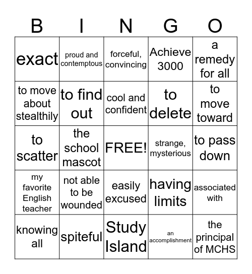 Vocabulary Bingo Card