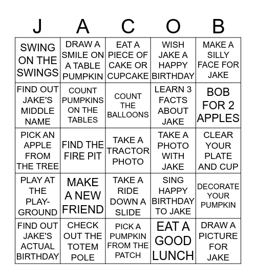 JAKE'S 1ST BIRTHDAY BINGO! Bingo Card