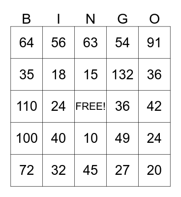 Multiplication Bingo Card