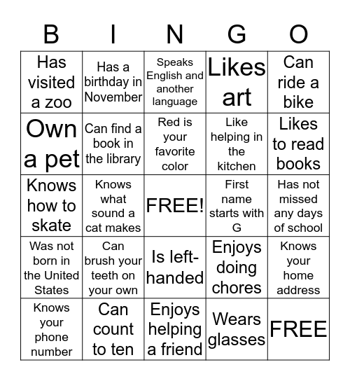 School Bingo-A Bingo Card