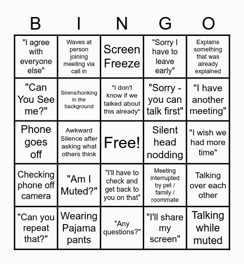 TE Event Meeting Bingo Card