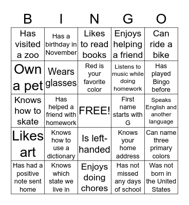 School Bingo- B Bingo Card