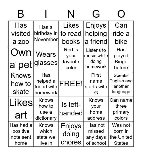 School Bingo- B Bingo Card