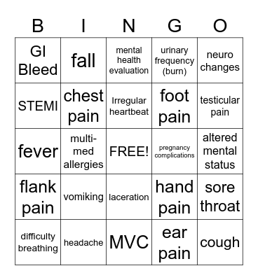 Chief Complaint Bingo Card