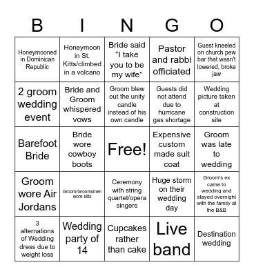 Wedding/Honeymoon Bingo Card