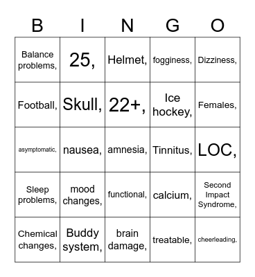 Concussion BINGO Card