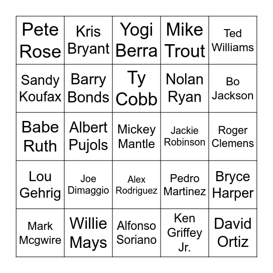 Famous Baseball Players Bingo Card