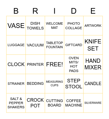 WEDDING GIFT BINGO Card