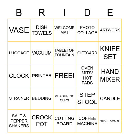 WEDDING GIFT BINGO Card