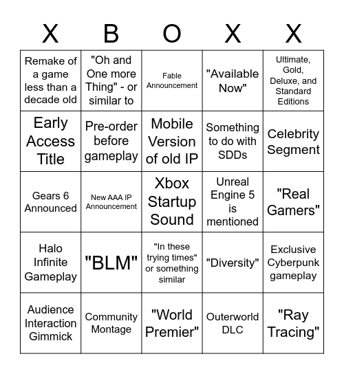 Xbox Series X Games Event Bingo Card