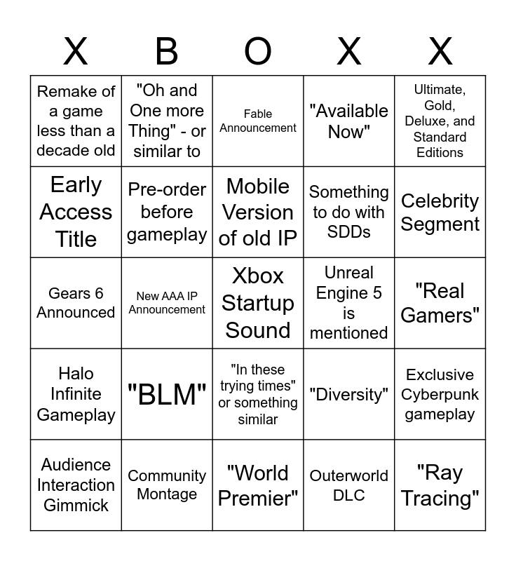 Xbox Series X Games Event Bingo Card