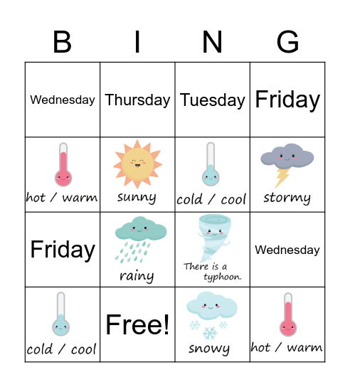 Weather and Days Bingo Card