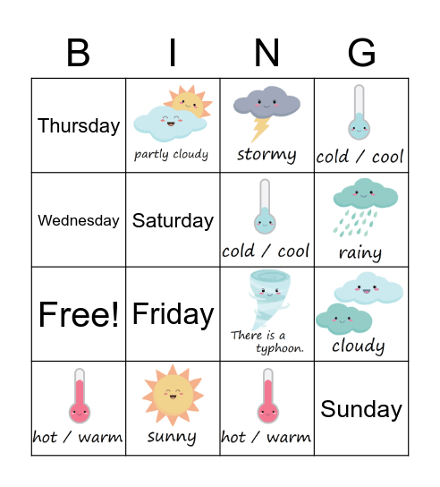 Weather and Days Bingo 2 Bingo Card