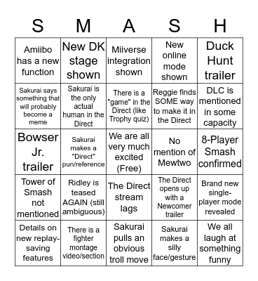 SM4SH WIIU DIRECT BINGO Card