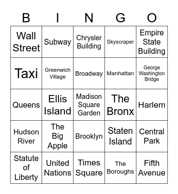 New York City Bingo Card