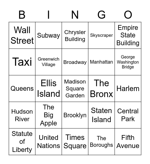 New York City Bingo Card