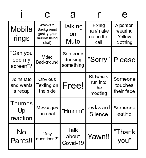 icare Bingo Card